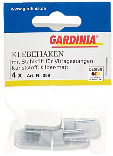 GARDINIA Klebehaken für Vitragestangen, 4 Stück, Mit Stahlstift, Selbstklebend, Höhe: 11 mm, Silber-matt von Gardinia