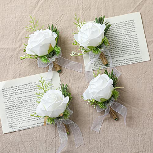 Garisey 4pcs Weiße Rose Boutonniere für Männer Künstliche Rose Blume für Hochzeit Blumen Zeremonie Prom Blume (4 Boutonniere) von Garisey