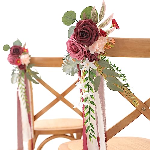 Garisey Hochzeit Gang Dekorationen 8pcs Stuhl Dekorationen Künstliche Blumen für Hochzeit Zeremonie Party Stuhl Dekor mit Chiffon Bändern (rot) von Garisey