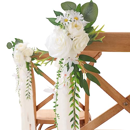 Garisey Hochzeit Gang Dekorationen 8pcs Stuhl Dekorationen Künstliche Blumen für Hochzeit Zeremonie Party Stuhl Dekor mit Chiffon Bändern (weiß) von Garisey