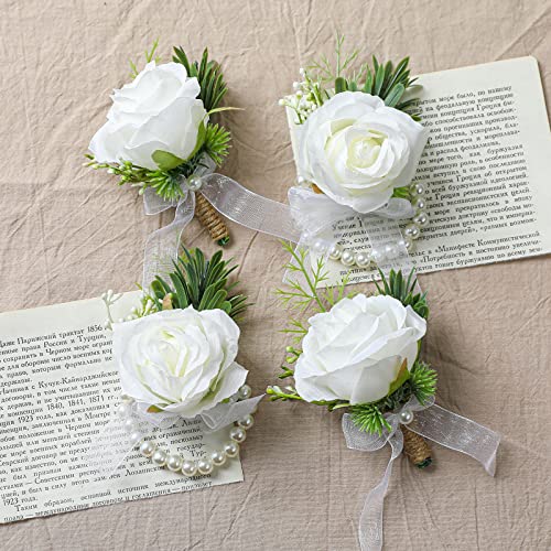 Garisey Künstliche Blumen weiße Rose Handgelenk Blumen und Herren Corsage Hochzeit Blumen Zeremonie Abschlussball Blume (2 Boutonniere & 2 Handgelenk Corsage weiß) von Garisey