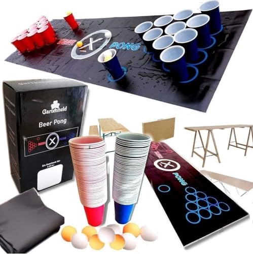 Gartenheld® 100 x Beerpong Becher 500 ml XXL Set inkl.10 Bälle, Matte 180 x 60cm Wiederverwendbare spülmaschinenfest Partybecher Trink Cups von Gartenheld