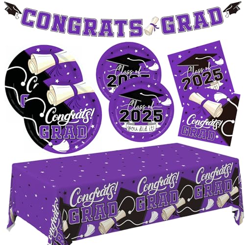 2025 Abschlussdekorationsset: Partyzubehör mit violetten Einwegtellern, Servietten, Tischdecke und Congrats Grad Banner für 25 Gäste – Abschluss-Party-Dekorationen von Gatherfun