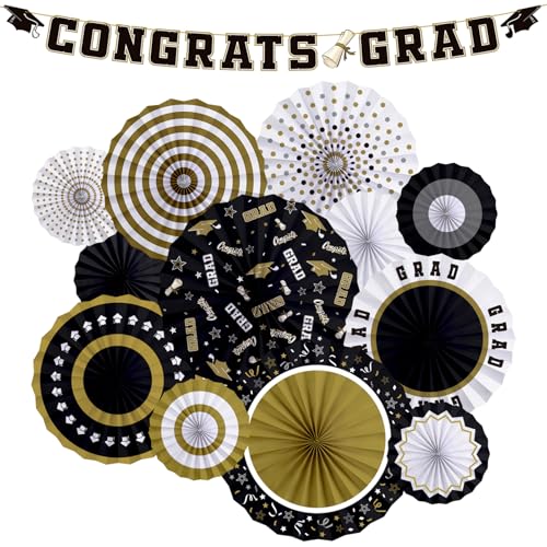 2025 Graduation Party Supplies Kit – Schwarz und Gold – Themen-Dekorationen mit Congrats Grad Banner, Abschluss-Papierfächer für Abschlussfeier Party Dekorationen von Gatherfun