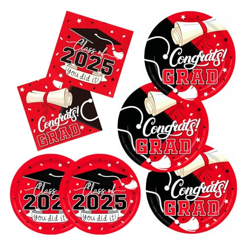 Gatherfun 2025 Graduation Party Supplies Kit: Rot - Themed Congrats Grade Dekorationen mit Einweg-Abendessen & Desserttellern, Servietten für 50 Gäste - Abschlussfeier Party Dekorationen von Gatherfun