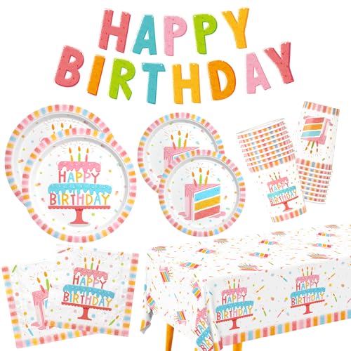 Happy Birthday Party Supplies Set für 25 Stück Kit mit Kuchen Design enthält Teller, Servietten, Tassen, Tischdecke & Banner - für Jungen & Mädchen Geburtstag Party Dekorationen von Gatherfun