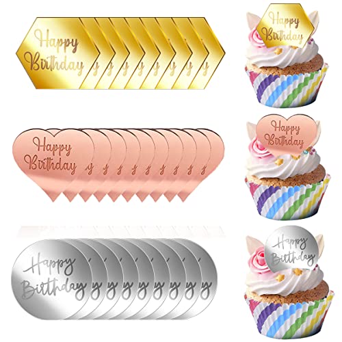 30 Stück Happy Birthday Kuchenaufsätze, Mini-Acryl-Kuchenaufsätze, Spiegel-Acryl-Cupcake-Topper, DIY-Herz, runde sechseckige Form, gravierter Kuchenaufsatz, Charms, Kuchendekorationen, für Geburtstagsparty-Dekoration (#A) von Gawertoy