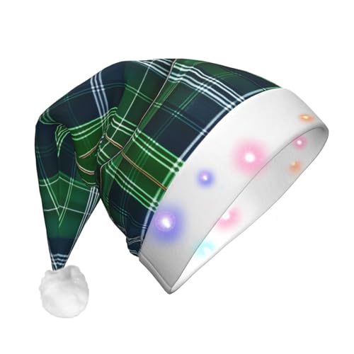 GaxfjRu Blauer schottischer Schottenkaro-Druck, Unisex, Samt-Weihnachtsmannmütze für Weihnachtsfeier, klassische Weihnachtsmannmütze, Weihnachtsmütze mit buntem LED-Lichtstreifen von GaxfjRu