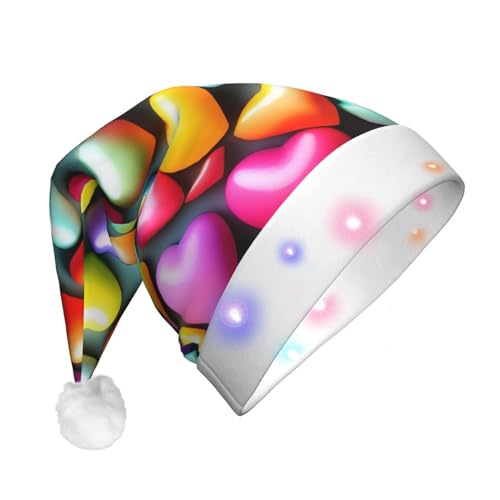 GaxfjRu Bunte Regenbogen-Herz-Druck, Unisex, Samt-Weihnachtsmannmütze für Weihnachtsfeier, klassische Weihnachtsmannmütze, Weihnachtsmütze mit buntem LED-Lichtstreifen von GaxfjRu