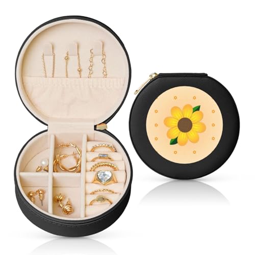 GaxfjRu Goldene Sonnenblumen-Reise-Schmuckschatulle – Verlobungsring-Box für Damen und Herren – PVC-Leder mit Samtfutter von GaxfjRu