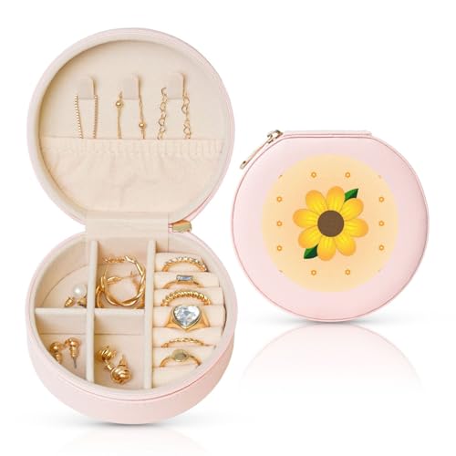 GaxfjRu Goldene Sonnenblumen-Reise-Schmuckschatulle – Verlobungsring-Box für Damen und Herren – PVC-Leder mit Samtfutter von GaxfjRu