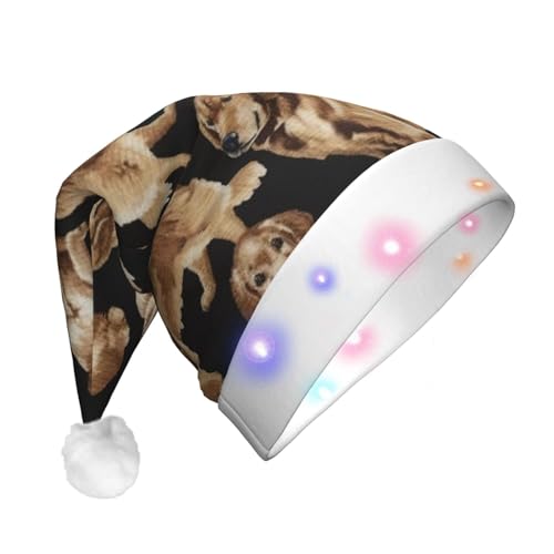 GaxfjRu Goldener Retriever-Druck, Unisex, Samt-Weihnachtsmannmütze für Weihnachtsfeier, klassische Weihnachtsmütze mit buntem LED-Lichtstreifen von GaxfjRu