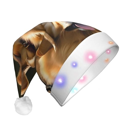 GaxfjRu Goldener Retriever-Druck, Unisex, Samt-Weihnachtsmannmütze für Weihnachtsfeier, klassische Weihnachtsmütze mit buntem LED-Lichtstreifen von GaxfjRu