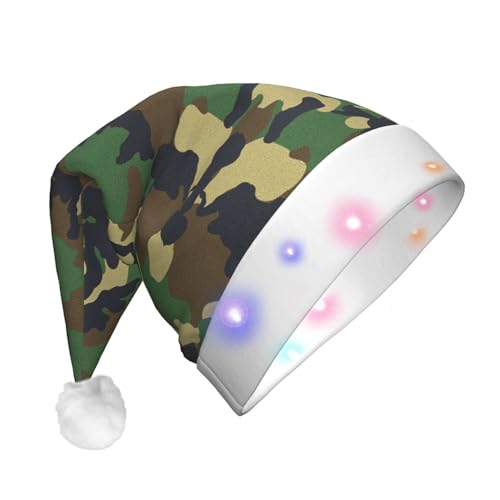 GaxfjRu Grüner Militär-Camouflage-Druck, Unisex, Samt-Weihnachtsmannmütze für Weihnachten, Party, klassische Weihnachtsmannmütze, Weihnachtsmütze mit buntem LED-Lichtstreifen von GaxfjRu