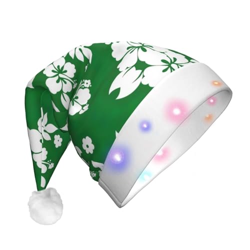 GaxfjRu Hawaii-Blumendruck, Unisex, Samt-Weihnachtsmannmütze für Weihnachten, Party, klassische Weihnachtsmannmütze, Weihnachtsmütze mit buntem LED-Lichtstreifen von GaxfjRu