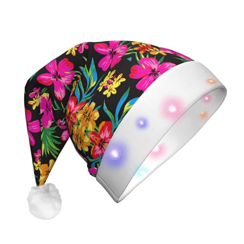 GaxfjRu Hawaiianischer Blumendruck, Unisex, Samt-Weihnachtsmannmütze für Weihnachten, Party, klassische Weihnachtsmannmütze, Weihnachtsmütze mit buntem LED-Lichtstreifen von GaxfjRu