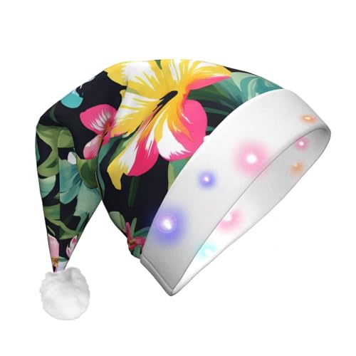 GaxfjRu Hawaiianischer Blumendruck, Unisex, Samt-Weihnachtsmannmütze für Weihnachten, Party, klassische Weihnachtsmannmütze, Weihnachtsmütze mit buntem LED-Lichtstreifen von GaxfjRu