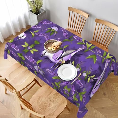 GaxfjRu Rechteckige Tischdecke, Vogel in violettem Lavendel, Blumenmuster, wasserdicht, Polyester, knitterfrei, wiederverwendbar, für Essen, Partys und Camping von GaxfjRu