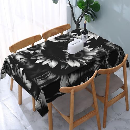 GaxfjRu Schwarze und weiße Sonnenblumen, wasserdichte Polyester-Tischdecke, perfekt für den Innen- und Außenbereich, schützt und dekoriert Ihren Tisch von GaxfjRu