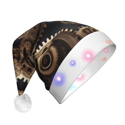 GaxfjRu Steampunk-Zahnrad-Druck, Unisex, Samt-Weihnachtsmannmütze für Weihnachtsfeier, klassische Weihnachtsmütze mit buntem LED-Lichtstreifen von GaxfjRu