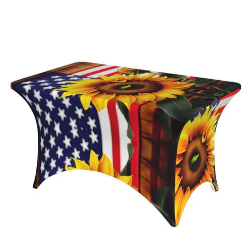 GaxfjRu Verdickte Stretch-Tischdecke mit Sonnenblume und amerikanischer Flagge, rechteckig, für 1,8 m und 2,4 m große Tische – Picknick im Freien von GaxfjRu