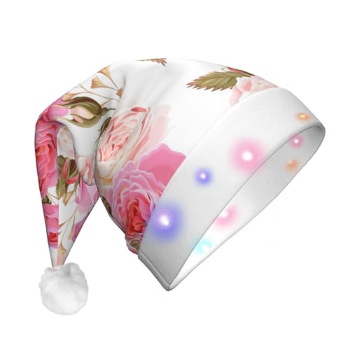 GaxfjRu Weihnachtsmütze mit Blumenmuster, rosa Druck, Unisex, Samt, Weihnachtsmannmütze für Weihnachten, Party, klassische Weihnachtsmütze mit buntem LED-Lichtstreifen von GaxfjRu