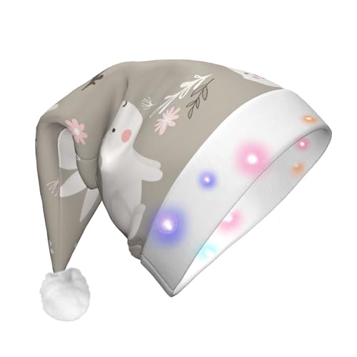 GaxfjRu Weihnachtsmütze mit Osterhasen-Blumendruck, Unisex, Samt, für Weihnachten, Party, klassische Weihnachtsmannmütze, Weihnachtsmütze mit buntem LED-Lichtstreifen von GaxfjRu