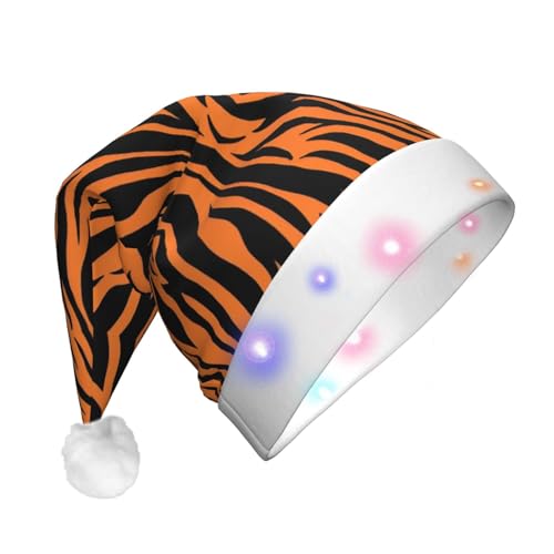 GaxfjRu Weihnachtsmütze mit Tigerstreifen, orangefarbenem Muster, klassische Weihnachtsmütze mit buntem LED-Lichtstreifen, Unisex, Samt-Weihnachtsmannmütze für Weihnachtsfeiern von GaxfjRu