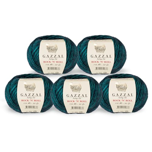 5 Knäuel (Packung) Gazzal Rock 'n' Roll Garn, insgesamt 21% Acryl, 70% Polyamid, 9% Lana Merino, je 50g / 125 Yrds (115 m), 3 helle DK, Dunkelgrün - 12834 von Gazzal