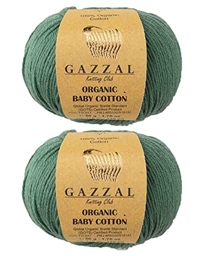 Gazzal Bio-Baby-Baumwollgarn, 100 % Bio-Baumwolle, 2 Knäuel (Packung), insgesamt 100 g je 50 g / 115 m, 3 leichte DK,Global Organic Textile Standard (GOTS) (427 Grün) von GazzalYarn