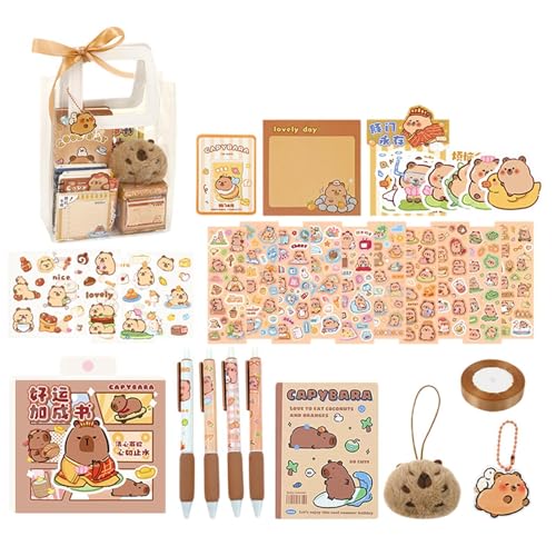 Capybara Schreibwaren-Set, Tiermotiv-Bleistift-Set, Flussschwein, Haftnotizen, geräumige Aufbewahrungstasche, fördert Kreativität, 105 Stück für Kinder, Teenager, Schulbedarf von Gcerfby