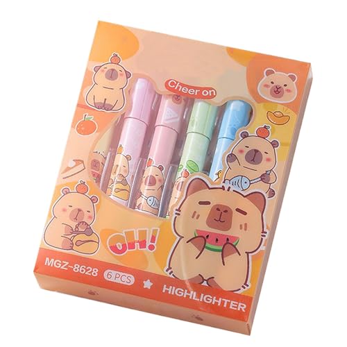 Gcerfby Cartoon-Textmarker, hübscher Textmarker, fluoreszierendes Marker, 6er-Set, niedliches Capybara-Design, kein Auslaufen der Tinte, 14 x 10,6 x 2 cm, Journaling für Schulbedarf von Gcerfby