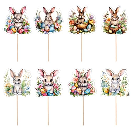 Gcerfby Cupcake-Topper mit Osterhasen, bunt, 8 verschiedene Hasen-Designs, ideale Kuchendekoration für Babyparty, -Partyzubehör, 5 x 4,9 cm, niedliche Cupcake-Picks für Partys von Gcerfby