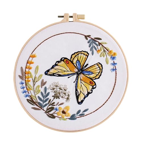 Gcerfby Schmetterling-Blumen-Stickset,Schmetterling-Blumen-Stickset | Buntes Handarbeits-Kunstset | Rundes Nähkunst-Set, Nähzubehör für Geburtstag, Weihnachten, Neujahr, Erntedankfest von Gcerfby