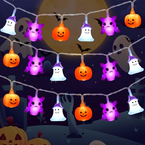 Gcstnn Halloween Dekorationen Lichter, 3M 20LED Orange Kürbis Fledermaus Geist Halloween Lichterkette Batteriebetrieben mit 6h Timer, für Halloween Thema Party, Karneval, Veranda, Fenster, Dekoration von Gcstnn