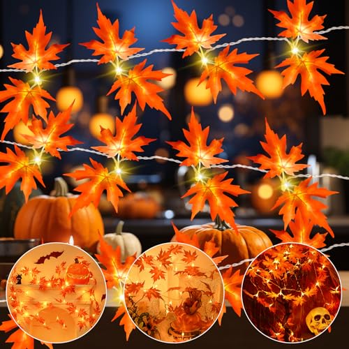 Gcstnn Herbst Dekoration Lichterkette, 3M 20LED Ahornblätter Lichterkette Batteriebetrieben mit Timer, Künstliche Ahornblatt Herbst Girlande für Halloween,Herbst,Kürbis,Erntedankfest,Innen Außen Deko von Gcstnn