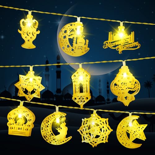 Gcstnn Ramadan Lichterkette, 1.5M 10LEDs Eid Dekorationen Mubarak Islam Batteriebetrieben Stern Mond Lichterketten mit Timer IP65 Wasserdicht, für Ramadan Eid Party Home Garten Innen Außen-Warmweiß von Gcstnn