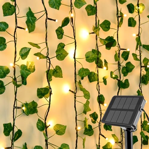 Gcstnn Solar Efeu Lichterkette Aussen, 5M 50LED Solar Efeu Lichterkette, 8 Modi IP65 Wasserdicht Künstlich Efeu Girlande mit Lichterkette für Wand Zimmer Garten Aesthetic Balkon Deko Aussen Warmweiß von Gcstnn