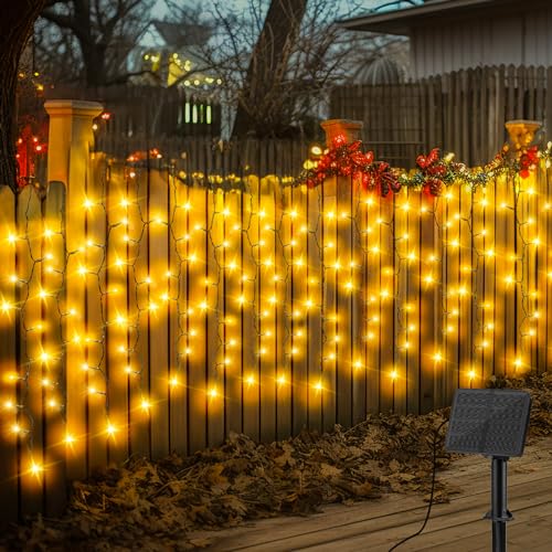 Gcstnn Solar Lichtervorhang Außen, 4x1M 200 LEDs Solar Eiszapfen Lichterkette, 8 Modi IP65 Wasserdicht Lichterketten Vorhang für Patio Gazebo Zaun Garten Fenster Weihnachts Dekoration-Warmweiß von Gcstnn