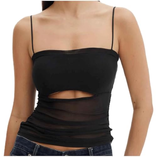 GddOGUK Ärmelloses Röhrenoberteil, Polyester-Cami-Top, S, M, L, XL, Damen-Tanktop mit Ausschnitten aus Netzstoff, rückenfreie, schmal geschnittene Weste, Ausgeh-Unterhemd von GddOGUK