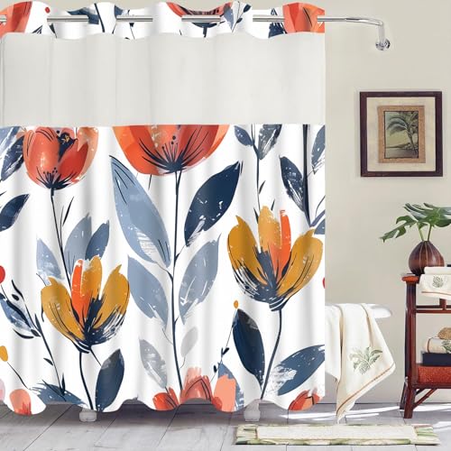 Gdmoon YLSXYGD0282 Duschvorhang, Tulpenmuster, Vintage-Stil, mit Stoffeinsatz, bemalte Blumen, Blätter, Landpflanze, Boho, doppellagig, Netzstoff, Heimdekoration, 180 x 188 cm, Orange von Gdmoon