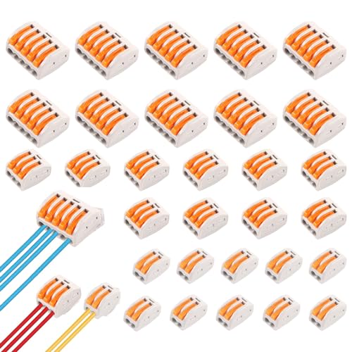 30pcs Kabelverbinder Klemmen Elektro Lüsterklemmen Steckbar Kabelklemmen Elektro 0,08-4,0 mm² Verbindungsklemmen LüsterklemmeAnschlussblöcke für Feste Kabe Anschluss (2 Polig/3 Polig/5 Polig) von Geaanen