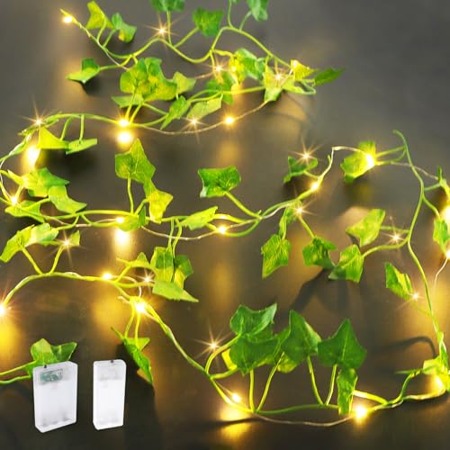 Gebiuhoo Efeu Lichterkette Innen 2 Stück, 1 * 5M 50LEDs, 1 * 2M 20 LEDs, Lichterkette Batterie Zimmer Balkon Deko Lichterketten Schaffen Sie eine Warme Sanfte Atmosphäre ür Ihr Zuhause von Gebiuhoo