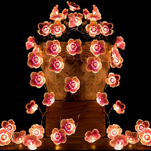 Gebiuhoo Lichterkette Pink Fairy Lights 1 Stück 5M Zeichenfolge 50 LED Birnen Deko Lichterkette Rosa Cherry Blossom 8 Beleuchtungsmodi, Blumendesign für die Innen-/Außendekoration von Gebiuhoo