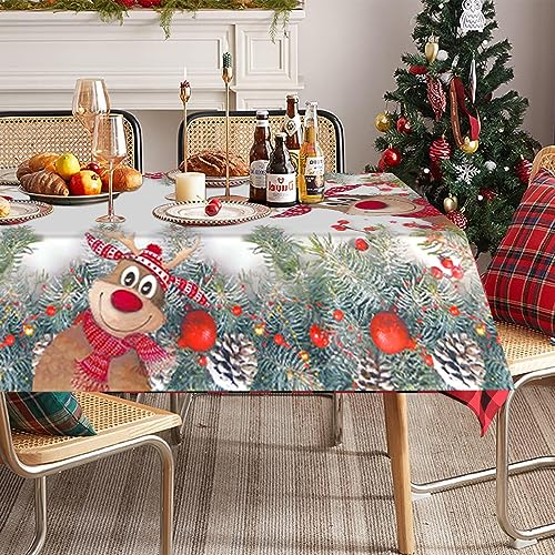 Gebiuhoo Weihnachten Tischdecke 80 x 120cm Elch Fichten Tannenzapfen Rote Beere Weihnachtstischdecke Rechteckige Abwaschbar Esstischdecke Elchen Tischdecke für Party Familienessen Tischdeko von Gebiuhoo