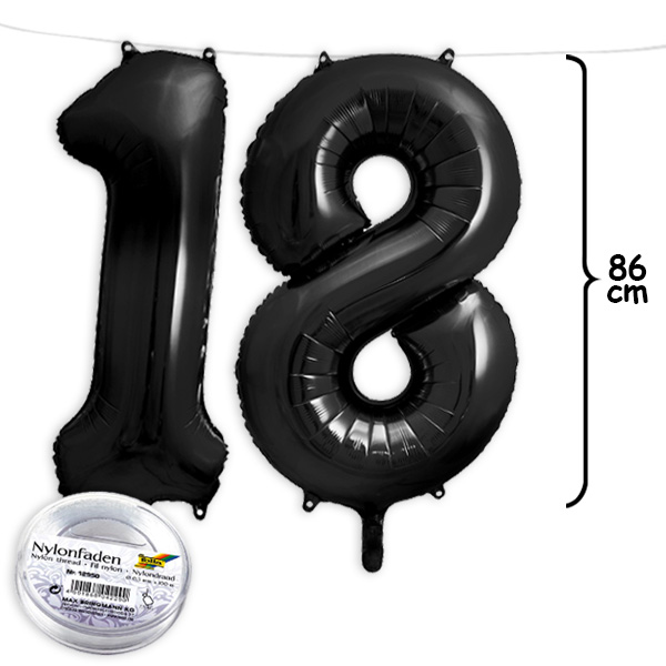 18. Geburtstag, XXL Zahlenballon Set 1 & 8 in schwarz, 86cm hoch von Geburtstagsfee