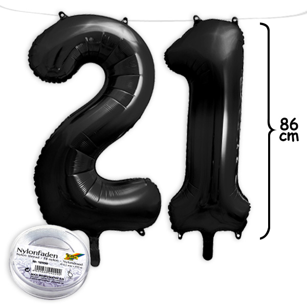 21. Geburtstag, XXL Zahlenballon Set 2 & 1 in schwarz, 86cm hoch von Geburtstagsfee