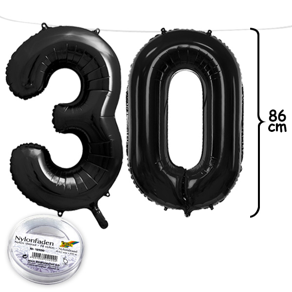 30. Geburtstag, XXL Zahlenballon Set 3 & 0 in schwarz, 86cm hoch von Geburtstagsfee