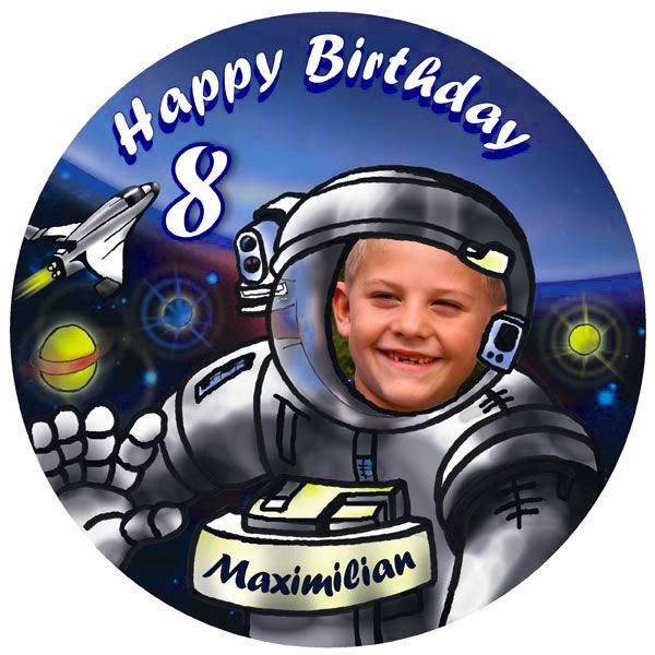 Astronaut Bild für Fototorte mit Foto, Name, Alter – rund, E20 Astronaut Bild für Fototorte mit Foto, Name, Alter – rund, E20