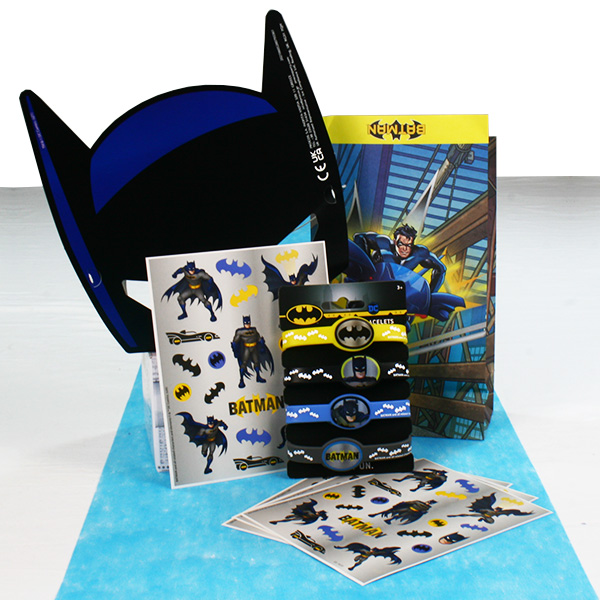 Batman Mitgebselset, 10-tlg. mit Maske, Armbändern, Sticker & Tütchen von Geburtstagsfee